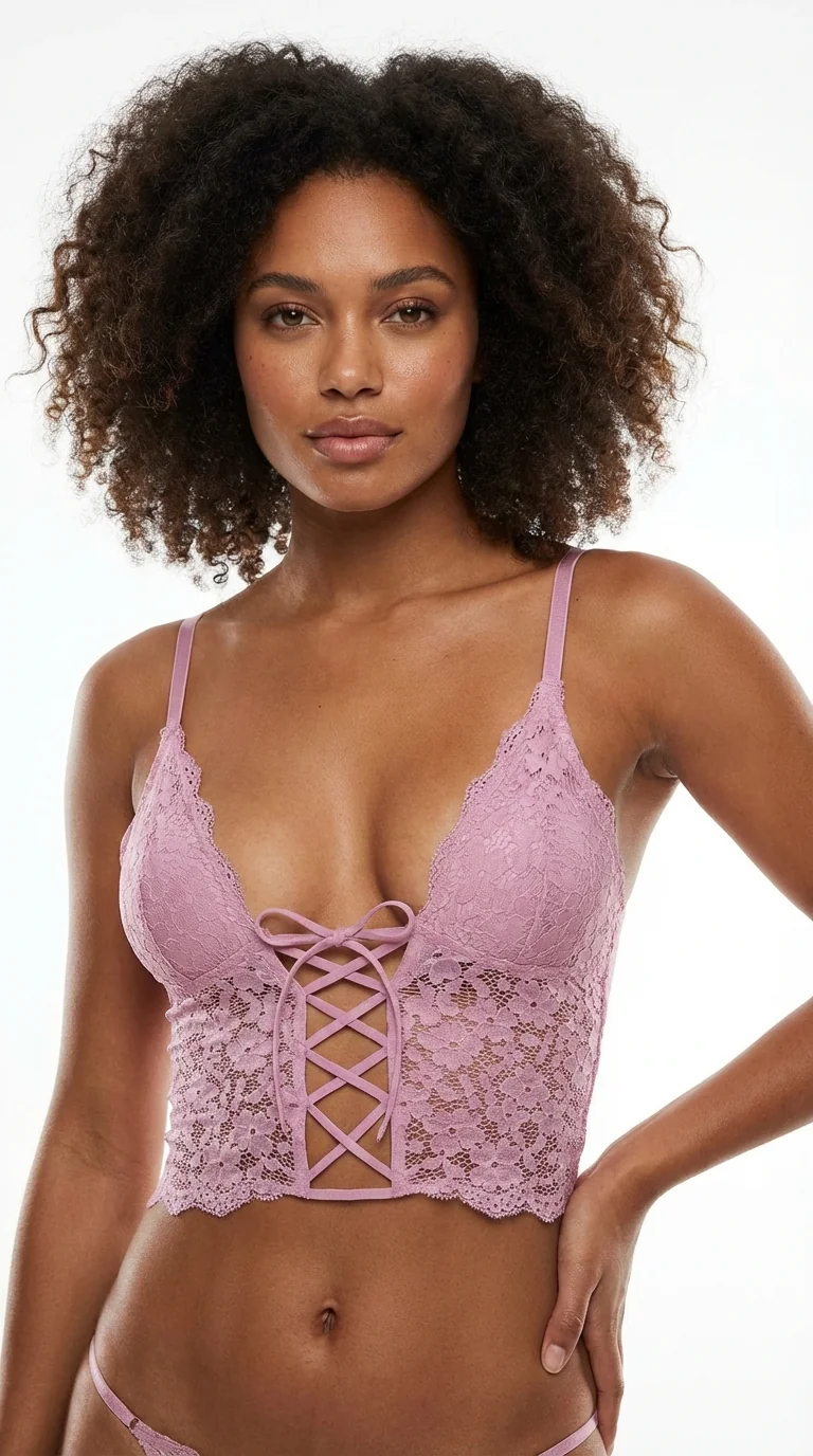 LunaIntim Terra Cotta Korse Görünümlü Büstiyer Önden Bağcıklı ve Dantelli Boş Kap Sütyen - Büstiyer Tasarım Detay